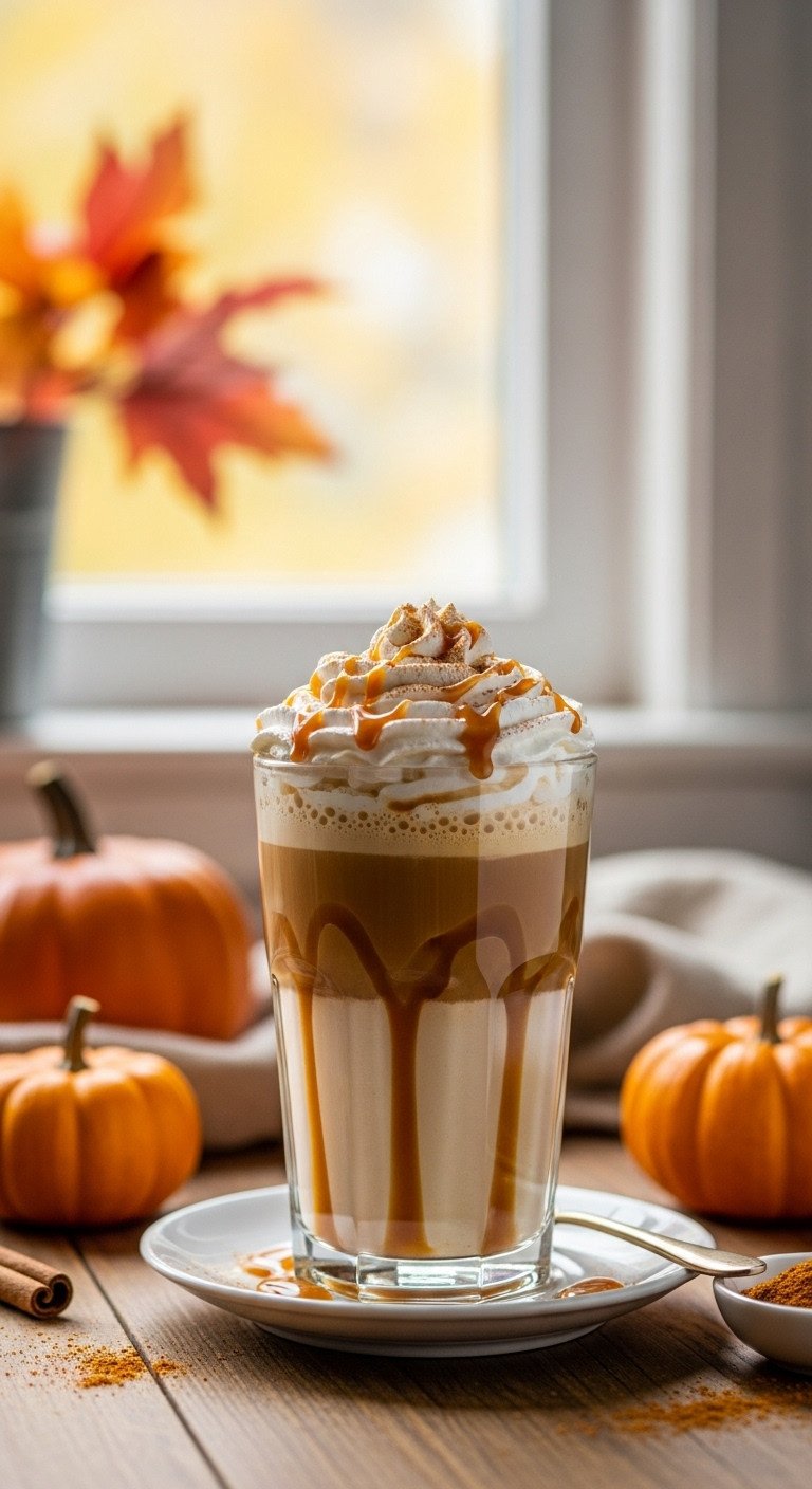 Layered Pumpkin Caramel Latte in a tall glass with whipped cream and caramel swirl on a rustic table by a window with autumn leaves