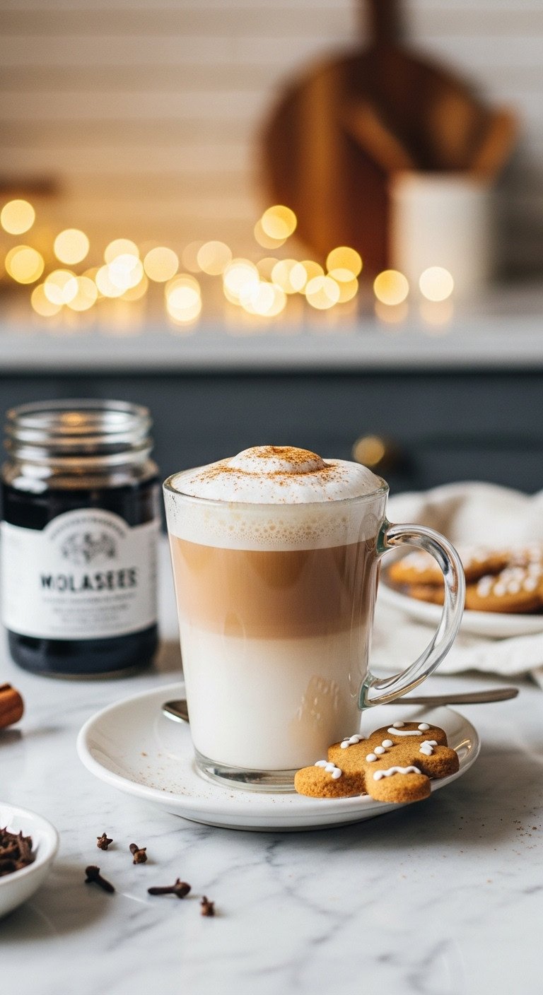 Layered gingerbread latte in a glass mug with frothed milk, cinnamon, and a gingerbread man cookie in a festive kitchen