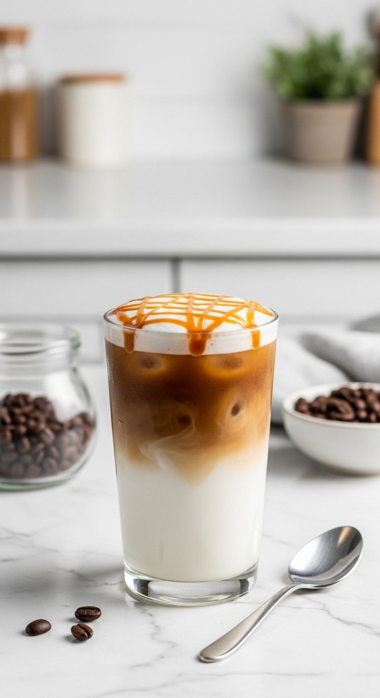 13 Genius Aesthetic Cold Coffee Recipes To Make At Home 1 Layered iced caramel macchiato in a clear glass; white milk, dark espresso, intricate caramel drizzle. Perfect coffee recipe image.