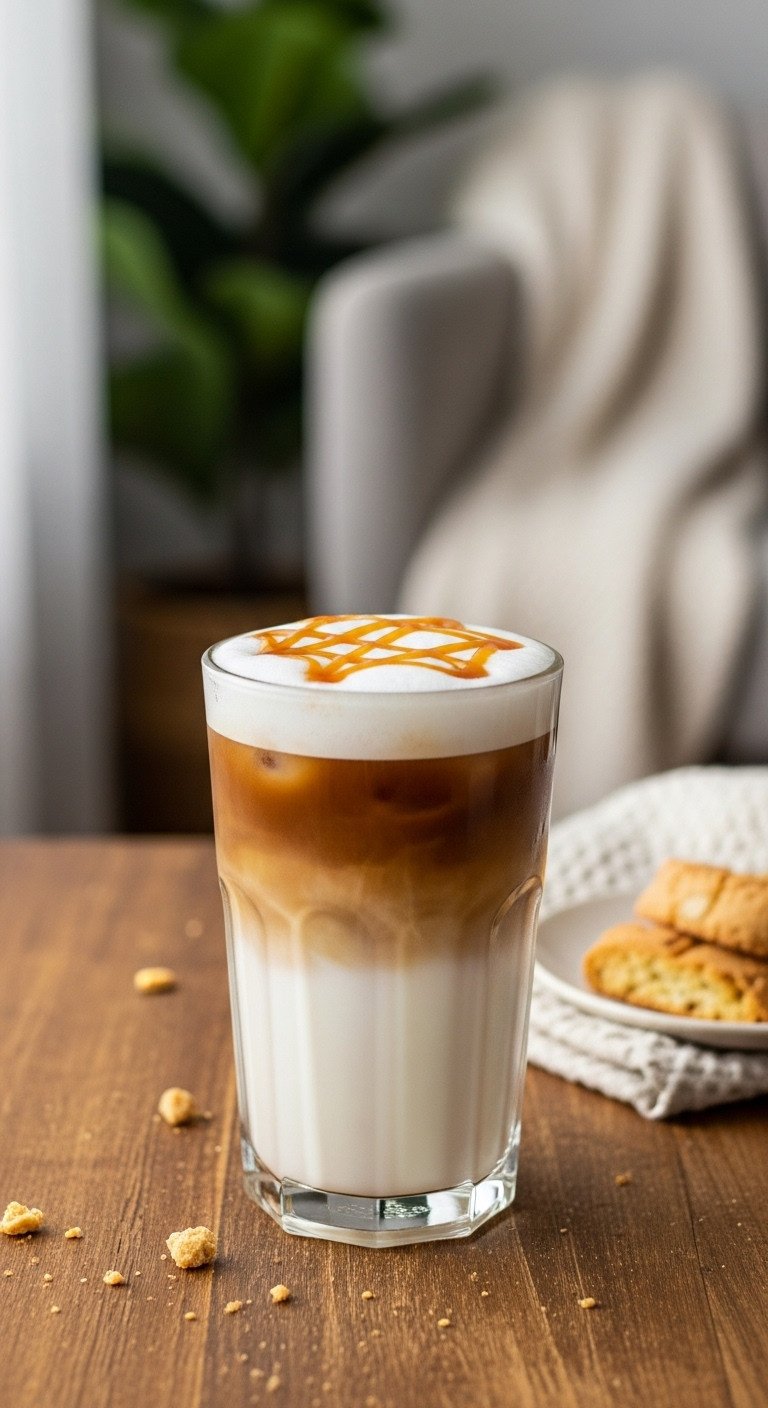 Easy Starbucks Cold Coffee Recipes That Are Never Watery 3 Layered iced caramel macchiato in a clear glass with caramel drizzle, biscotti, and a cozy blanket on a rustic wood table. Recipe.