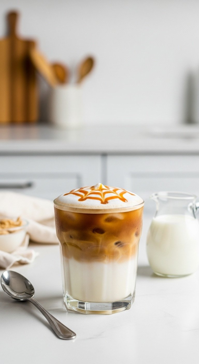 The Perfect Iced Coffee Recipe That Never Gets Watery 3 Layered iced caramel macchiato in a clear glass with vanilla, milk, espresso, caramel drizzle, spoon on white counter.