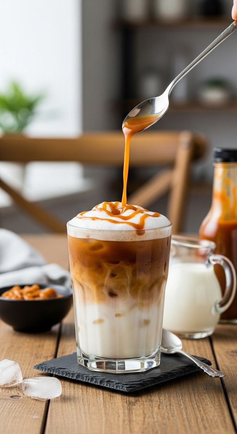 13 Genius Ninja Coffee Recipes For Hot Cold Brew And Tea 3 Layered iced caramel macchiato with milk, ice, coffee, caramel drizzle on slate coaster. Home cafe drink recipe.