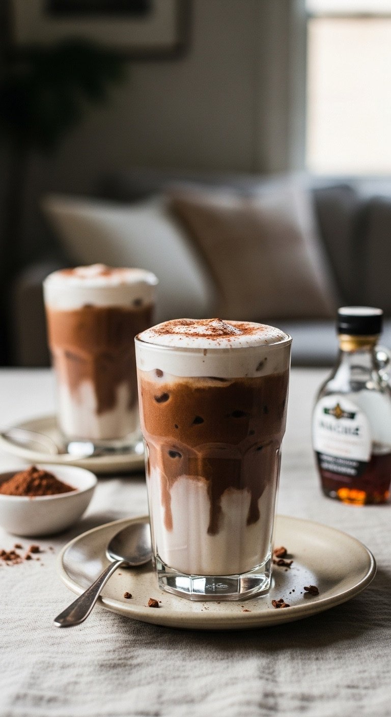 The Secret To Creamy Iced Coffee With Almond Milk That's Not Watery 13 Layered iced mocha with dark chocolate coffee and creamy almond milk in a tall glass on linen. Cozy homemade coffee recipe.