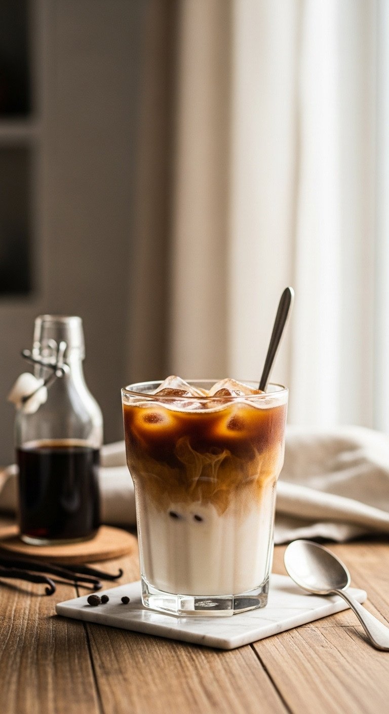 Perfect Cold Brew At Home With 7 Iced Coffee Recipes 4 Layered iced vanilla latte with creamy milk and dark cold brew in glass, ice, vanilla syrup bottle, linen napkin on wood table.