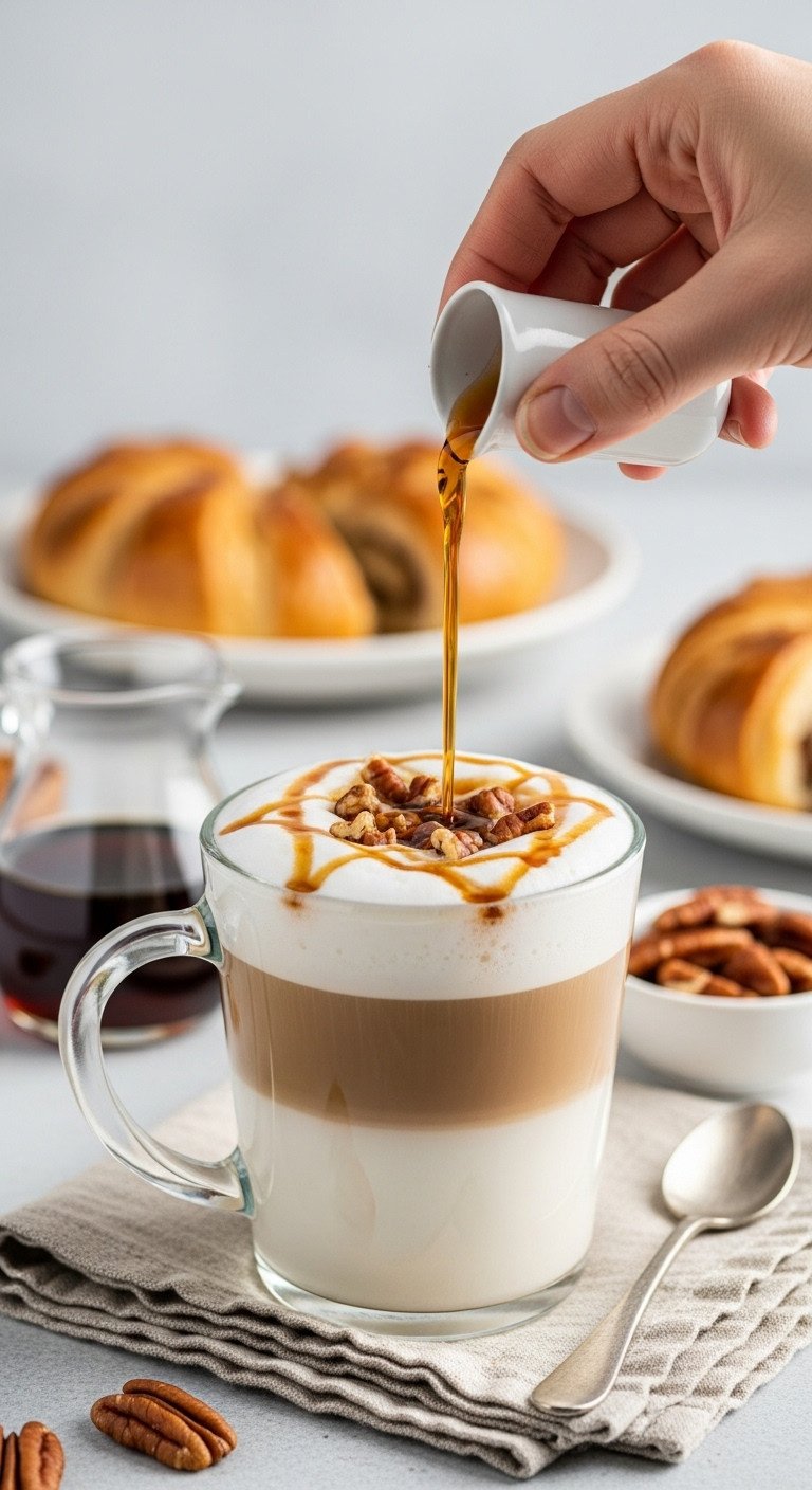 Layered maple pecan macchiato in a glass mug with maple syrup drizzle and chopped pecans on a linen tablecloth