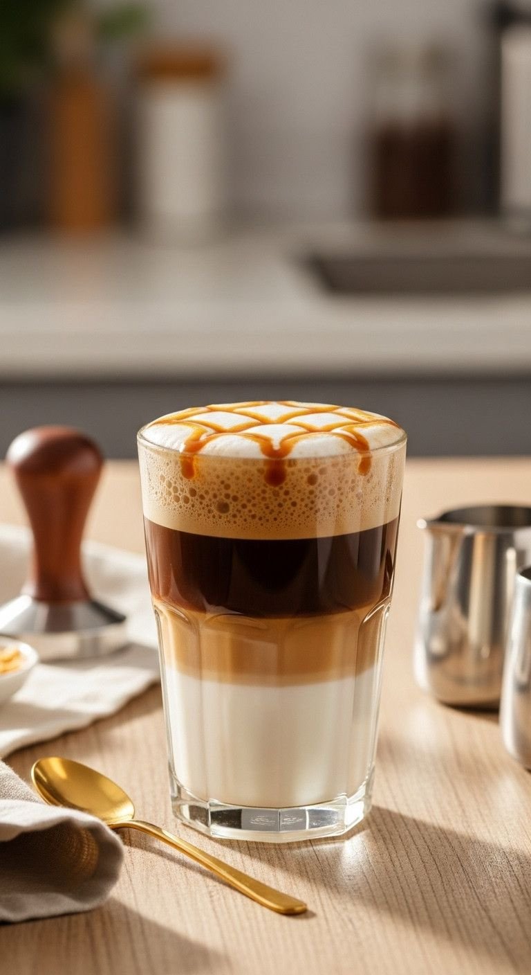 7 Brilliant Sugar Free Iced Coffee Recipes At Home 5 Layered sugar-free caramel macchiato in a tall glass with milk, espresso, foam, golden caramel drizzle on light wood table.