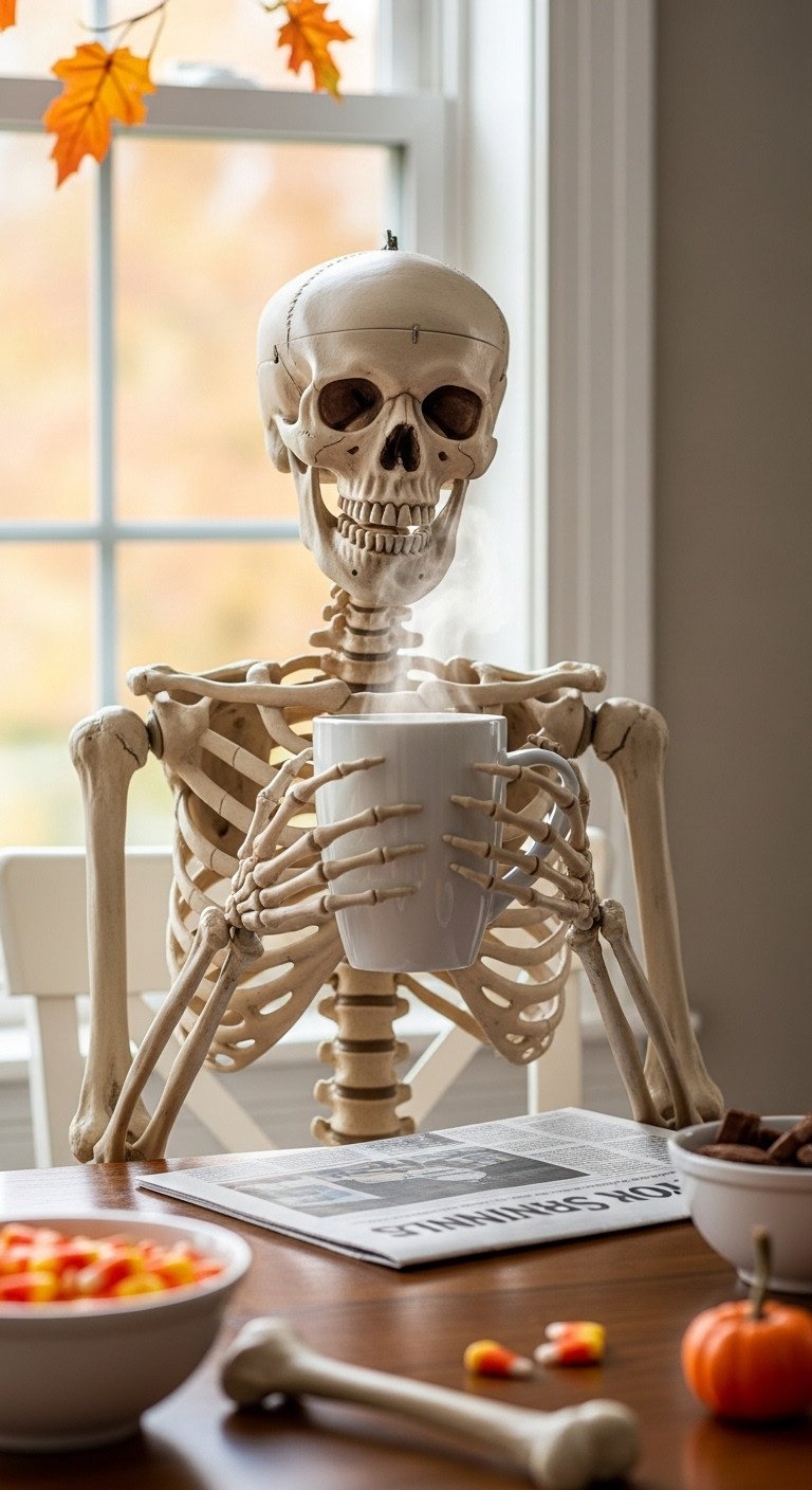 Life-sized decorative skeleton holding a steaming white coffee mug at a cozy kitchen breakfast nook with autumn leaves outside