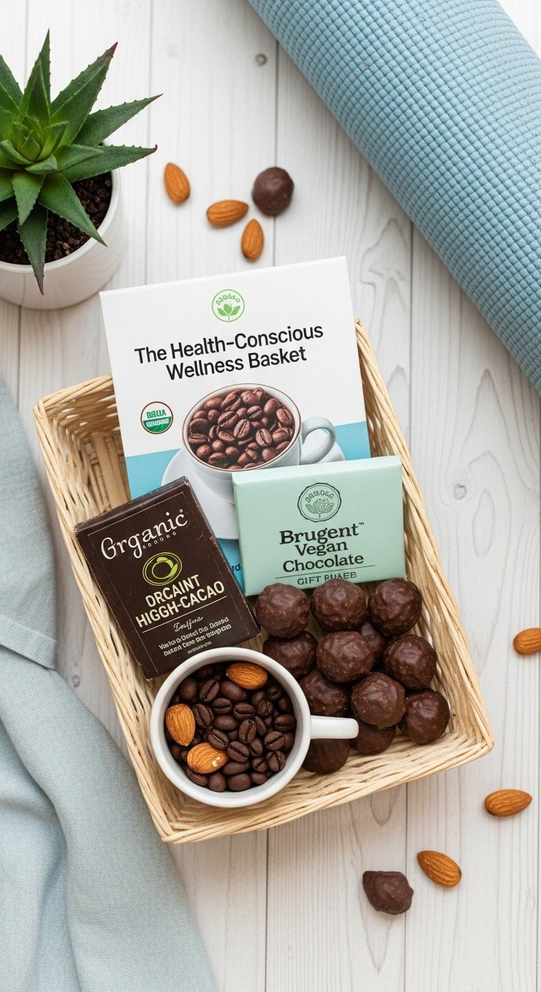 Light colored basket with organic coffee high cacao vegan chocolate and chocolate dipped nuts on a white wooden tabletop