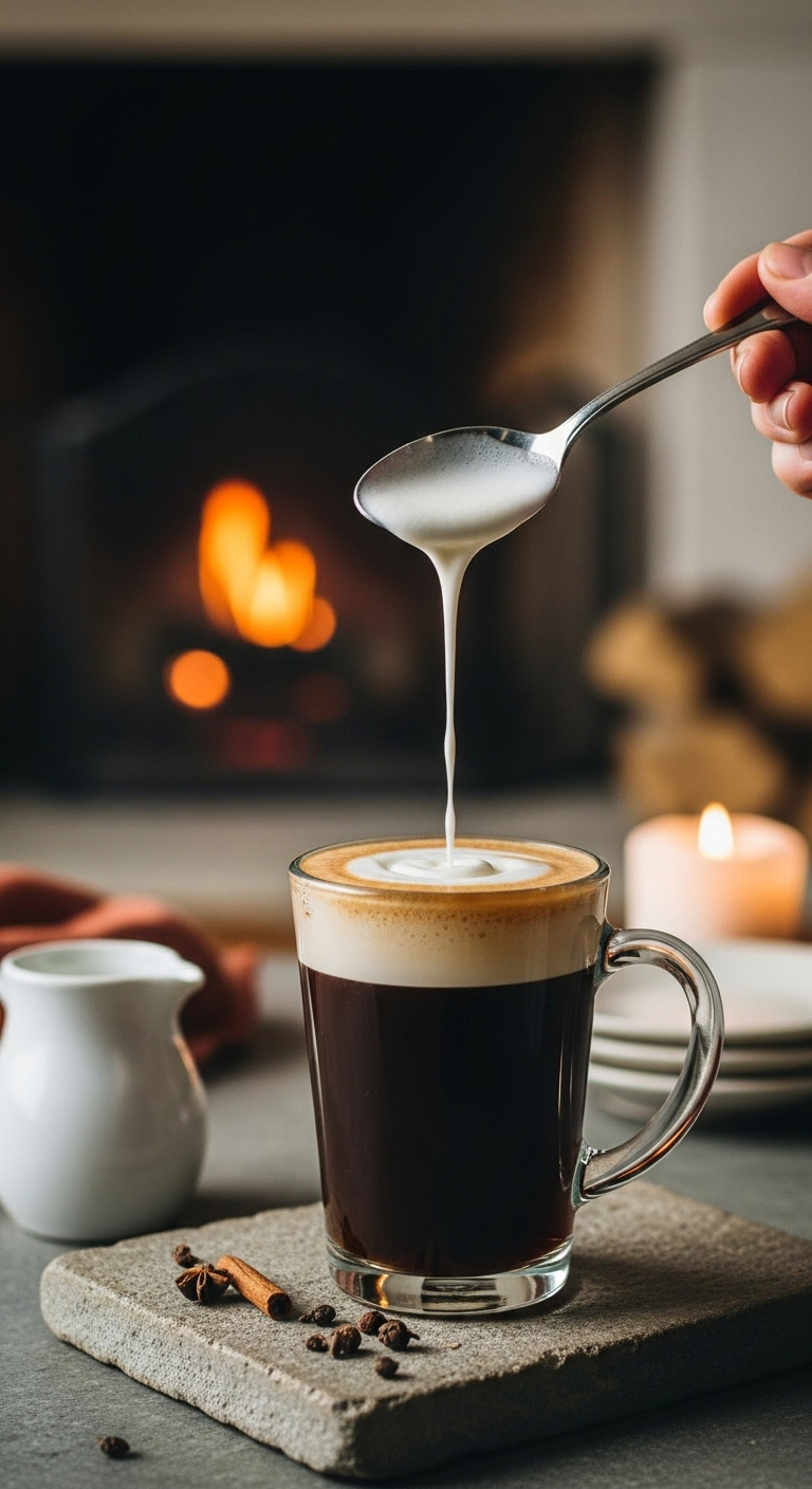 Lightly whipped cream slowly poured over a spoon onto dark coffee in a glass chalice with a blurred living room background