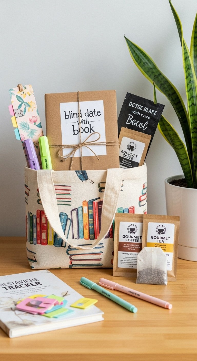 Literary Escape Basket with blind date book bookmark highlighters annotation tabs book tracker journal coffee samplers and tea bag on wood desk