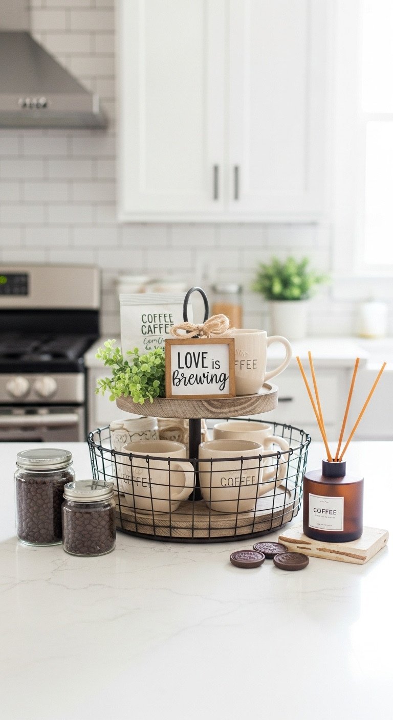 Love is brewing decor basket with sign tiered tray and matching mugs on a white kitchen countertop