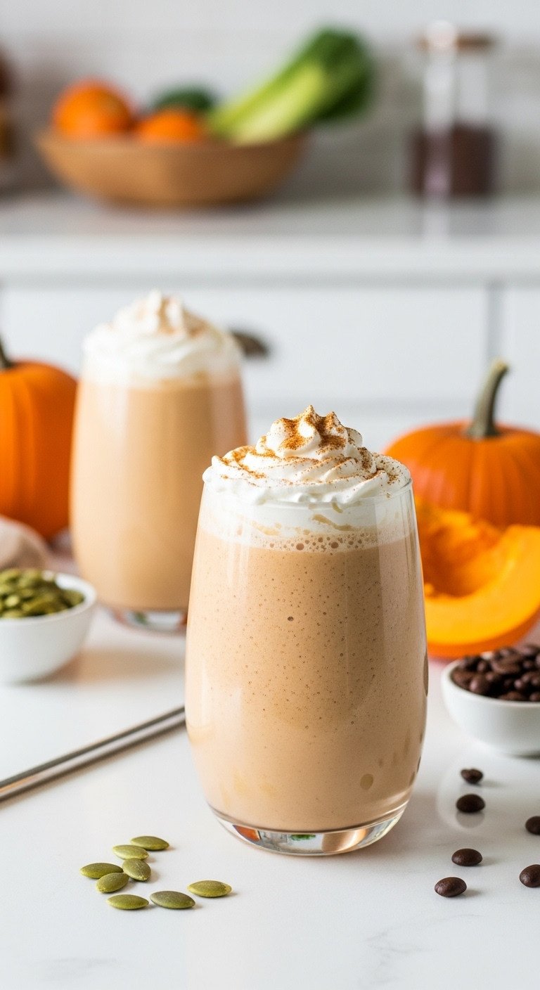 Luscious Pumpkin Coffee Smoothie with whipped cream, cinnamon, & metal straw in a glass on a white counter. Perfect healthy fall energizer.