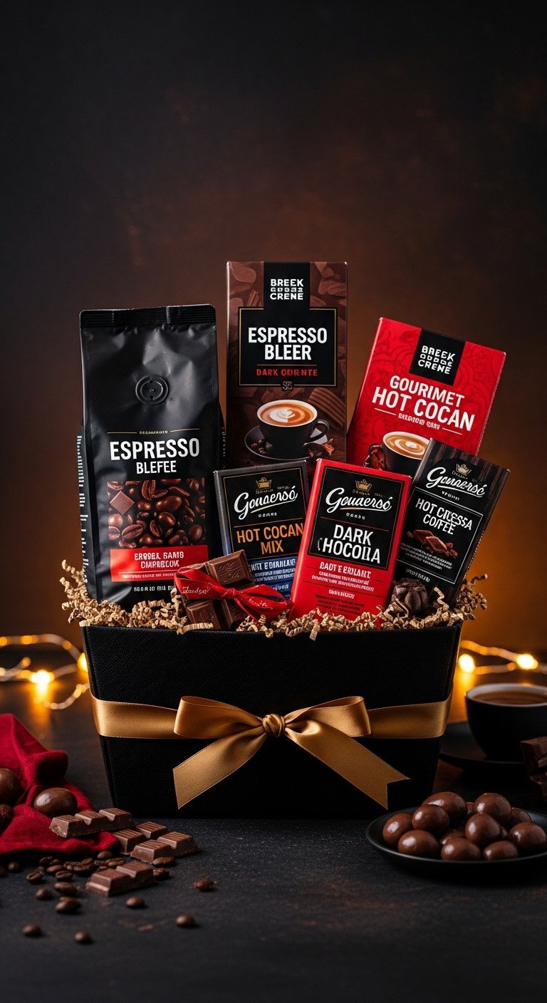 Luxurious dark basket filled with espresso blend coffee artisanal dark chocolate bars gourmet hot cocoa mix and chocolate covered espresso beans