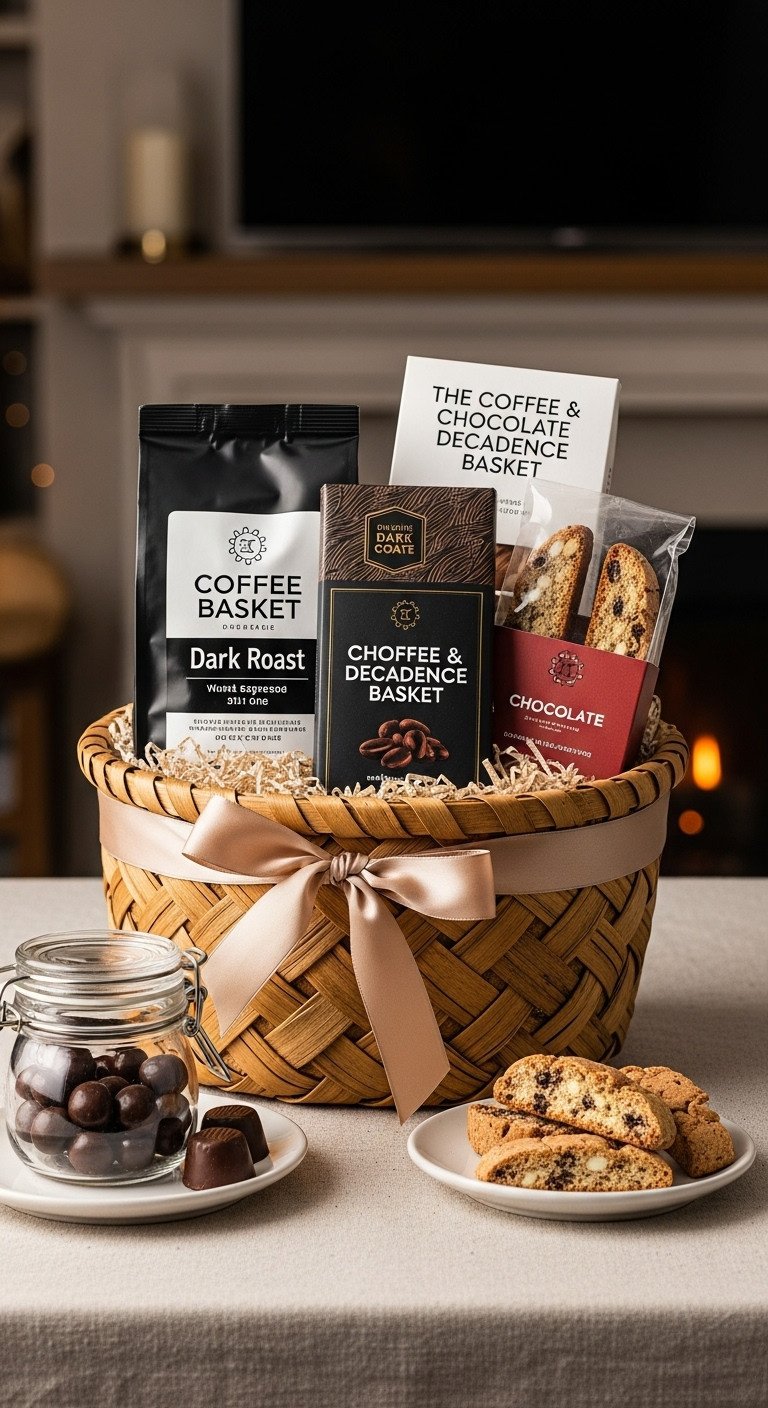 Luxurious gift basket with dark roast coffee, artisanal dark chocolate, chocolate-covered espresso beans, and gourmet biscotti