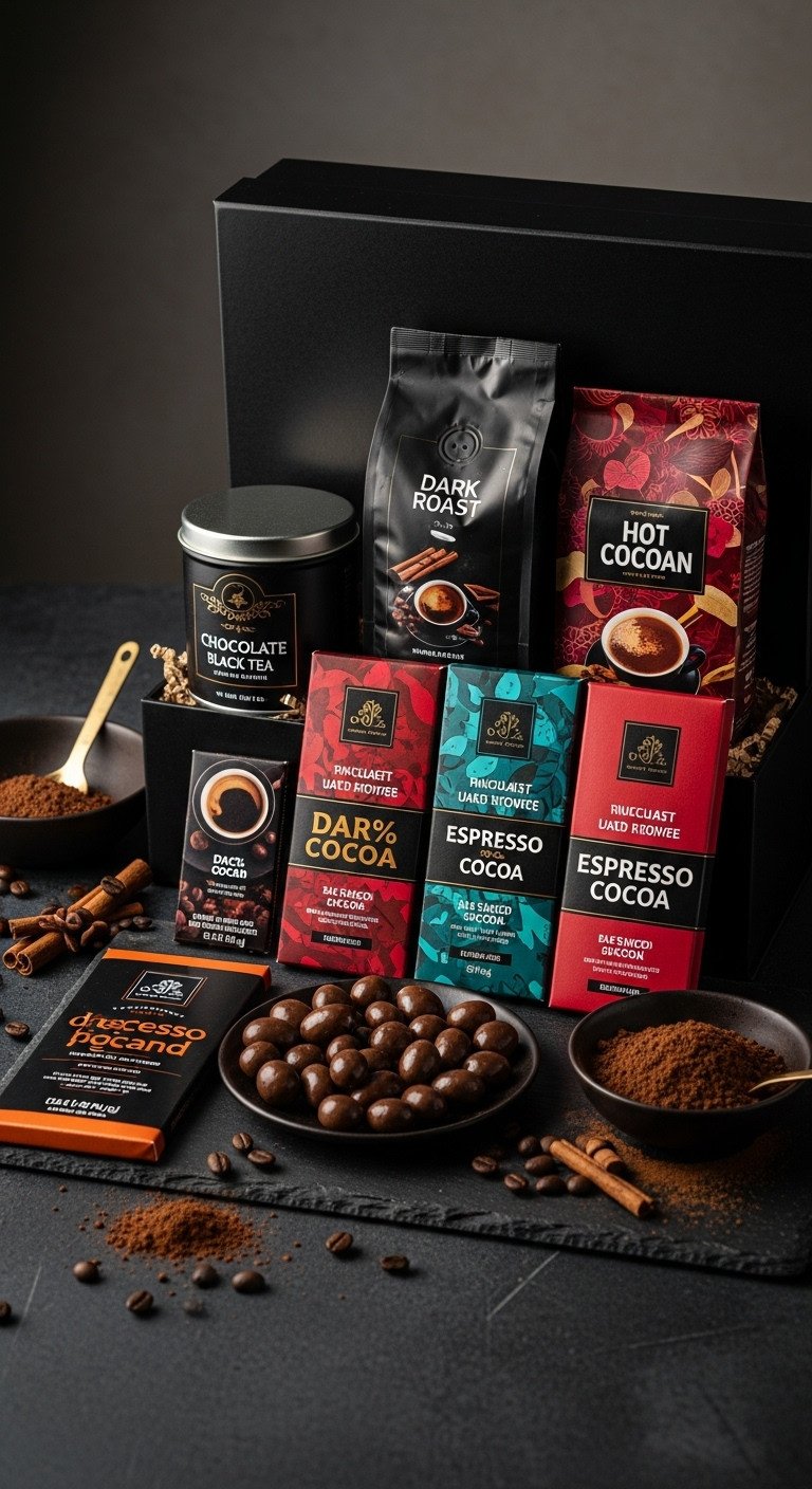 Luxurious gift box with dark roast espresso beans chocolate infused black tea artisanal dark chocolate bars and hot cocoa mix