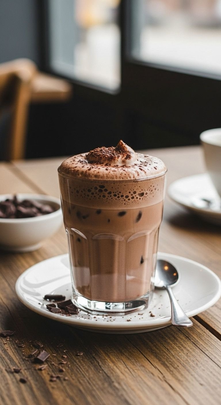 7 Easy Cold Foam Recipes With Or Without A Frother 3 Luxurious iced mocha with chocolate cold foam and cocoa dusting on rustic wooden table, blurred cafe setting, recipe idea.