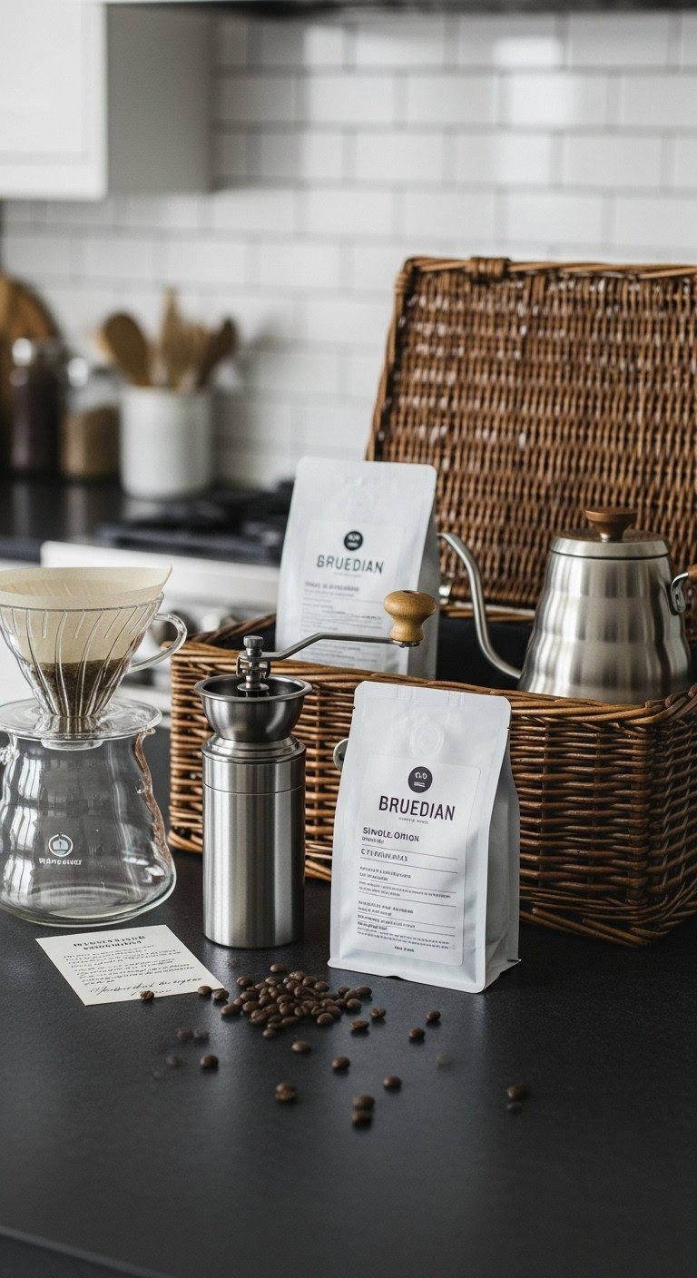 Luxurious open wicker gift basket with manual burr grinder