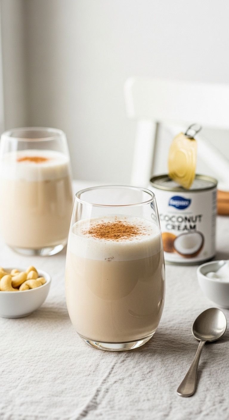Thick Cold Coffee Secrets To End Watery Drinks Forever 11 Luxurious plant-based cold coffee with cinnamon, ultra-creamy texture, cashews, coconut cream on light linen tablecloth.