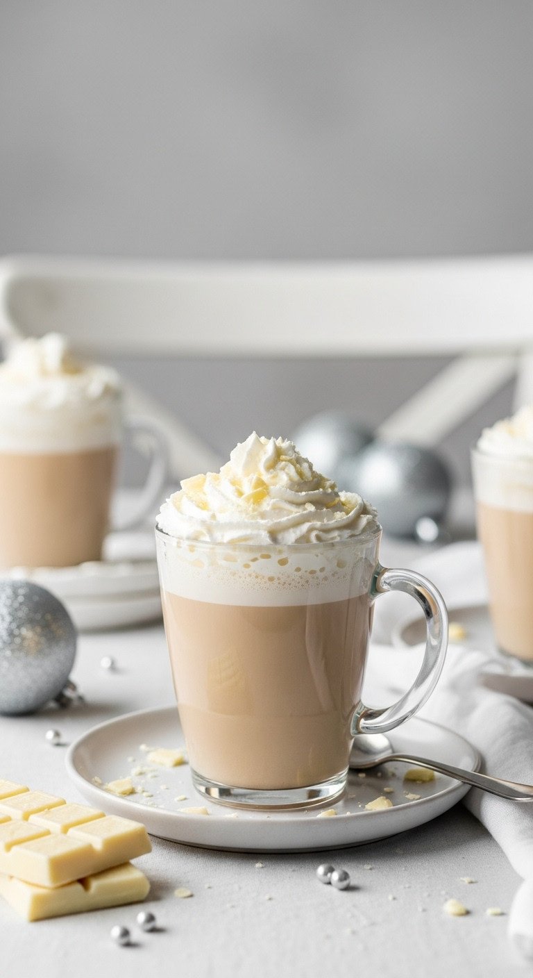 Luxurious toasted white mocha in a fluted glass mug with whipped cream and white chocolate shavings on a linen tablecloth