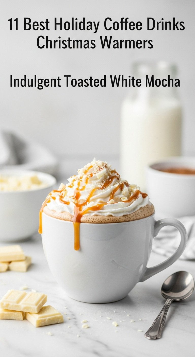 Luxurious toasted white mocha in a white ceramic mug with whipped cream, caramel, and white chocolate shavings