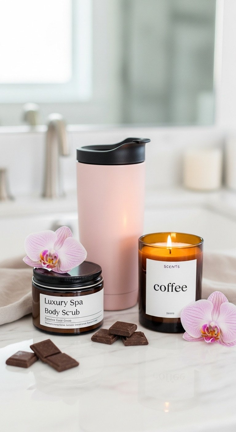 Luxury spa coffee experience gift basket for women with insulated tumbler coffee body scrub and scented candle on a marble countertop