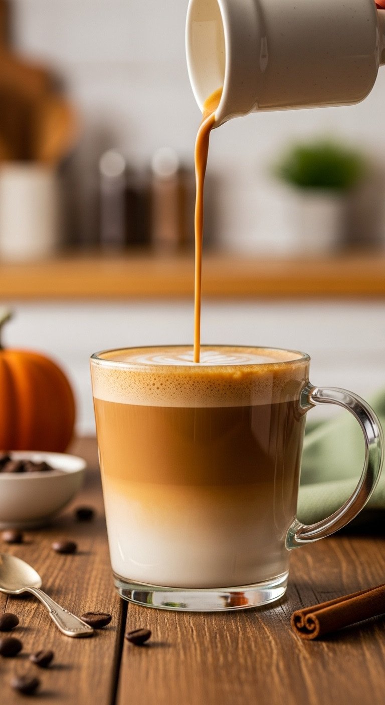 Macro close-up of a Starbucks Pumpkin Spice Latte, showing rich espresso blending with frothy milk in a clear mug on a rustic table.