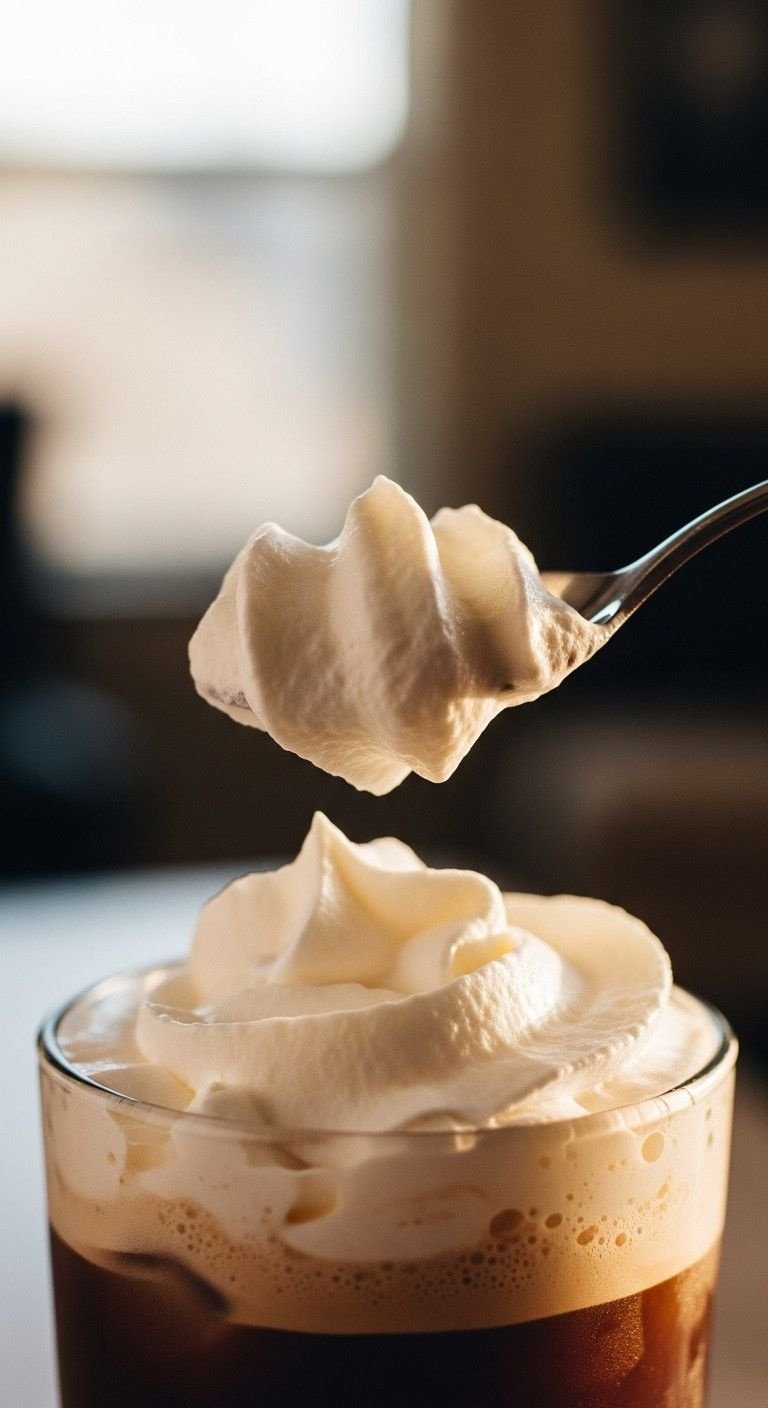 The Simple Trick To Making Flawless Oreo Iced Coffee 11 Macro detail shot of a spoon dolloping thick, creamy whipped topping onto an Oreo iced coffee, creating soft peaks.