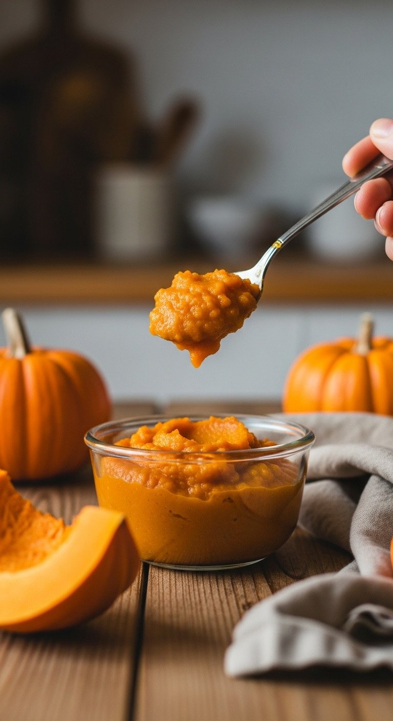 Macro shot of vibrant orange pumpkin puree dropping into a clear glass bowl on a rustic wooden table with a mini pumpkin, fall recipe ingredient.