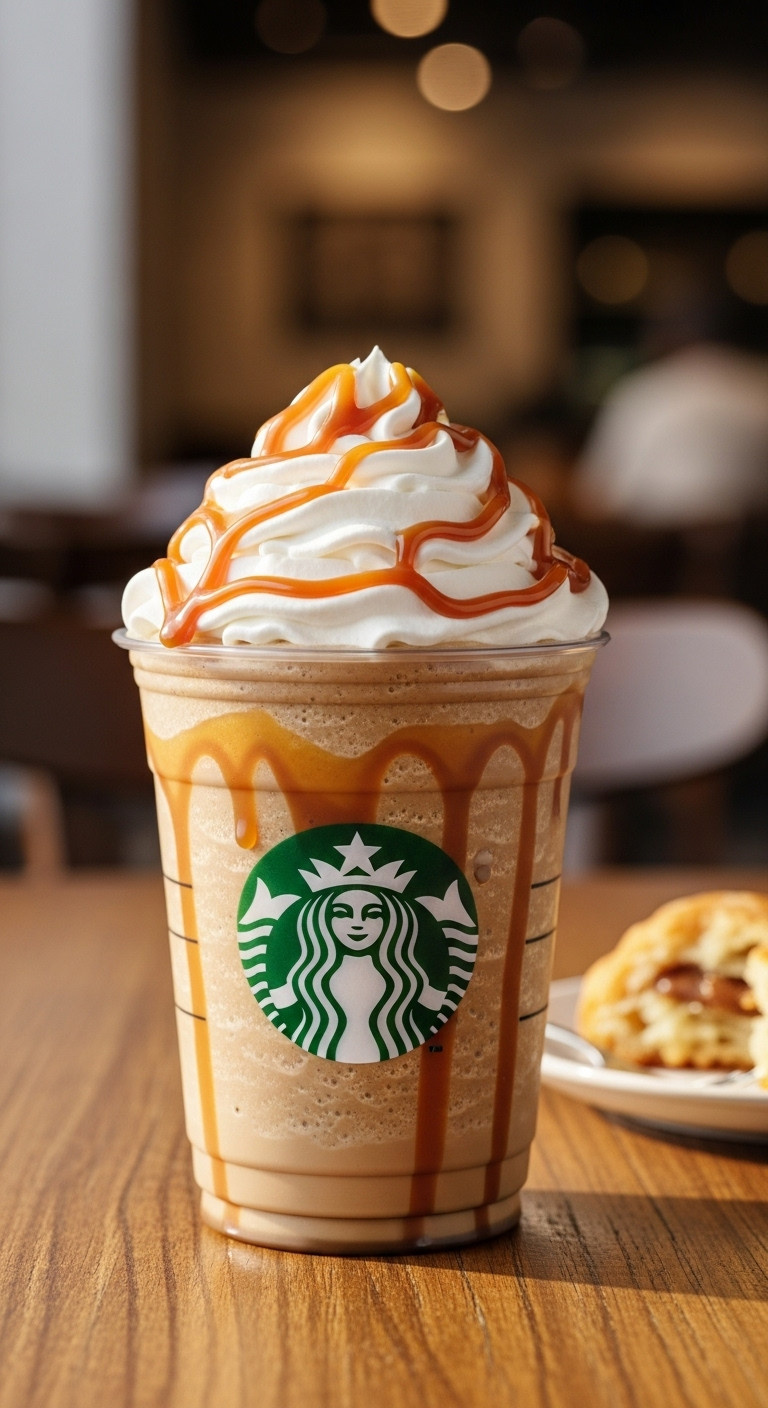 Magazine quality Caramel Frappuccino in a Starbucks cup topped with whipped cream and caramel drizzle on a rustic wooden table in a coffee shop setting