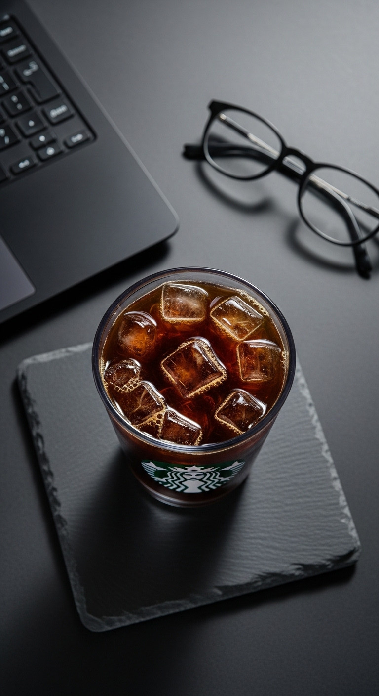 Magazine quality Iced Americano in a Starbucks cup on a dark slate surface with a laptop and reading glasses in a minimalist flat lay