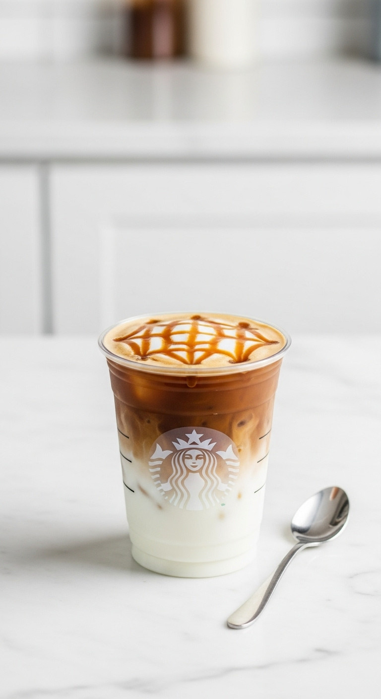 Magazine quality Iced Caramel Macchiato in a Starbucks cup with distinct layers and caramel drizzle on a white marble countertop in a modern kitchen