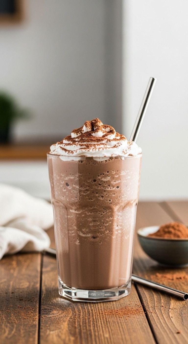 7 Low Calorie Iced Coffee Recipes That Taste Amazing 3 Magazine-quality blended iced mocha frappe with cocoa powder in tall glass on rustic wood table, metal straw. Rich chocolate recipe.
