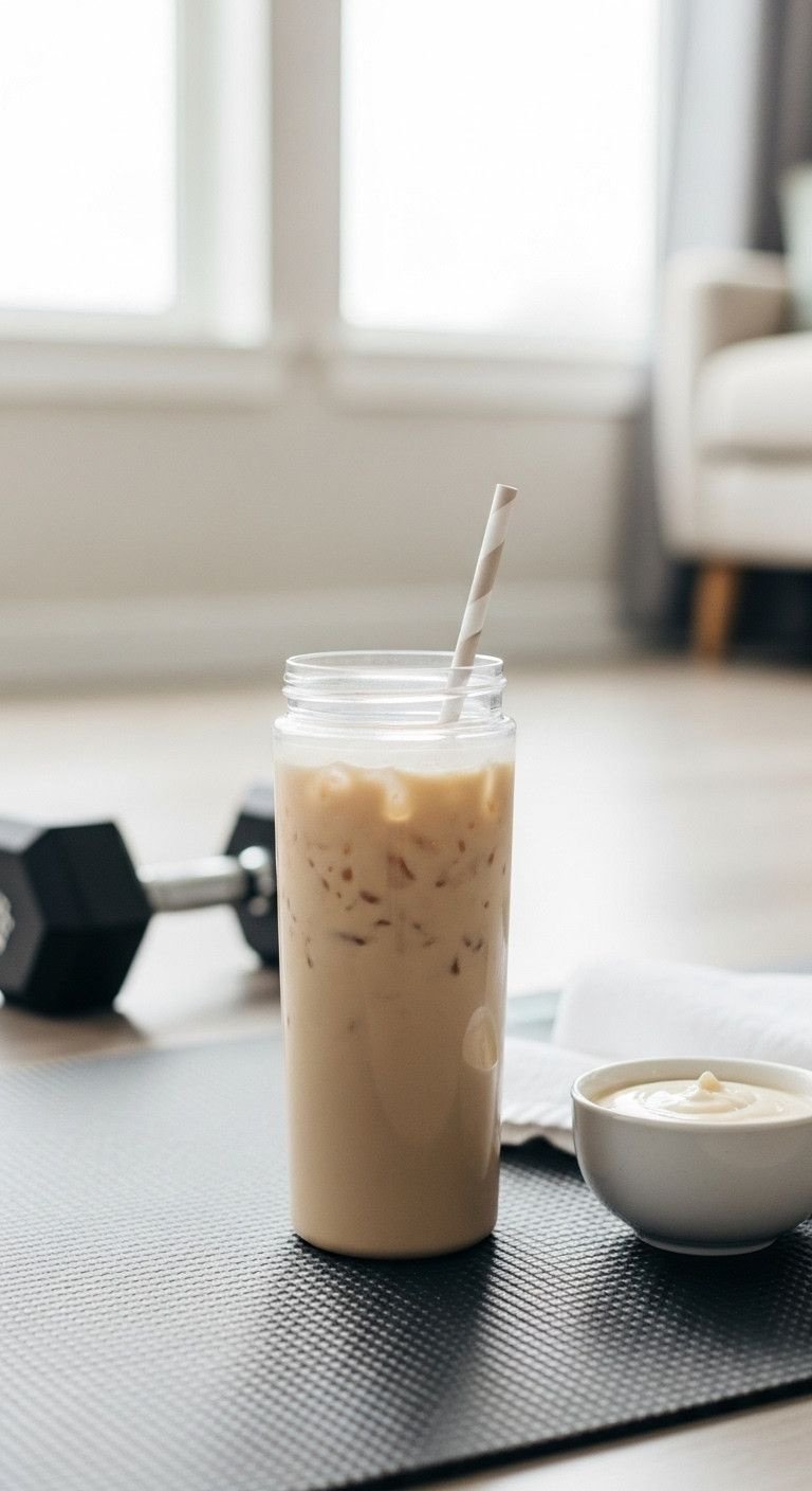 7 Low Calorie Iced Coffee Recipes That Taste Amazing 9 Magazine-quality creamy protein-packed iced coffee in shaker bottle on yoga mat, dumbbell. Minimalist home gym, wellness.