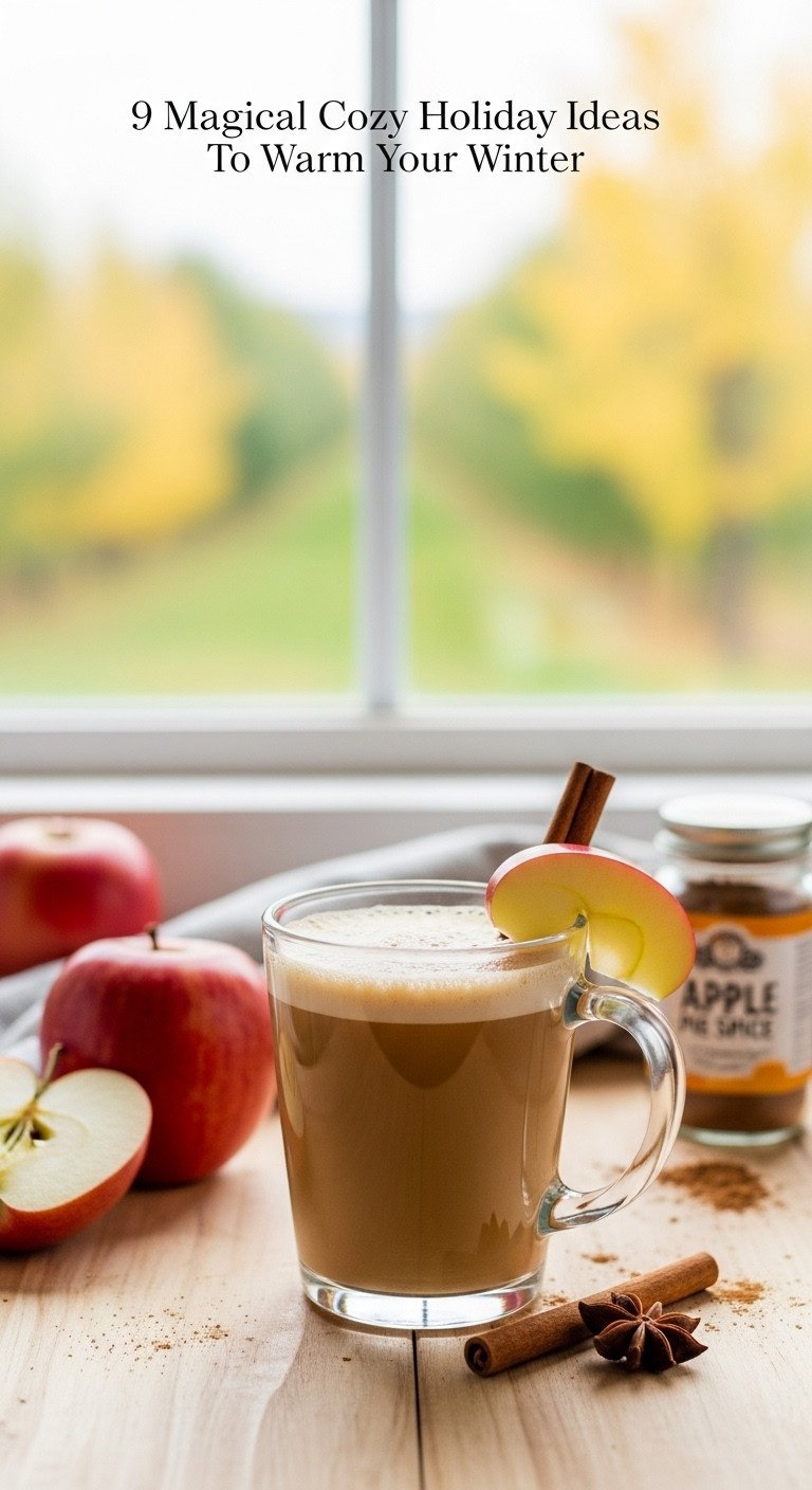 Magical cozy holiday coffee with a Spiced Apple Cinnamon Latte garnished with a cinnamon stick and apple slice in a clear glass mug