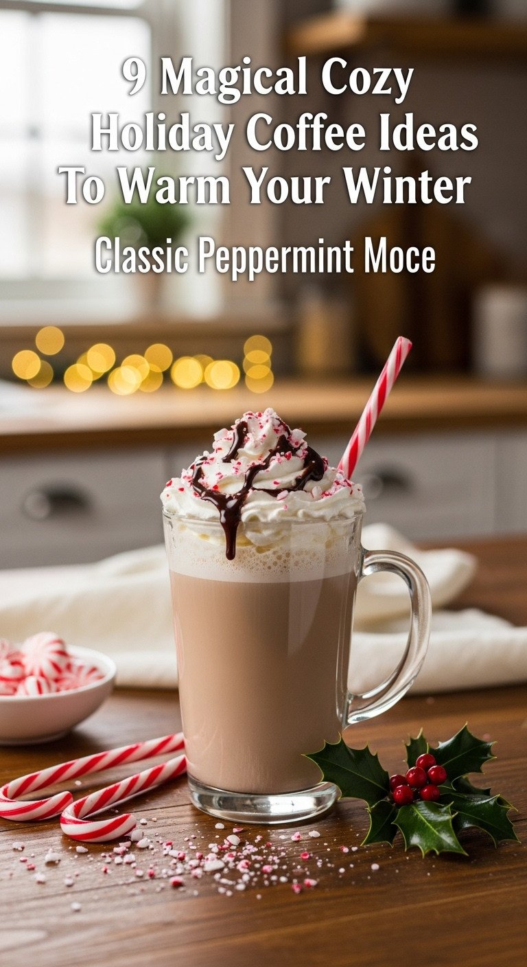 Magical cozy holiday coffee with a classic Peppermint Mocha topped with whipped cream chocolate drizzle and crushed candy canes