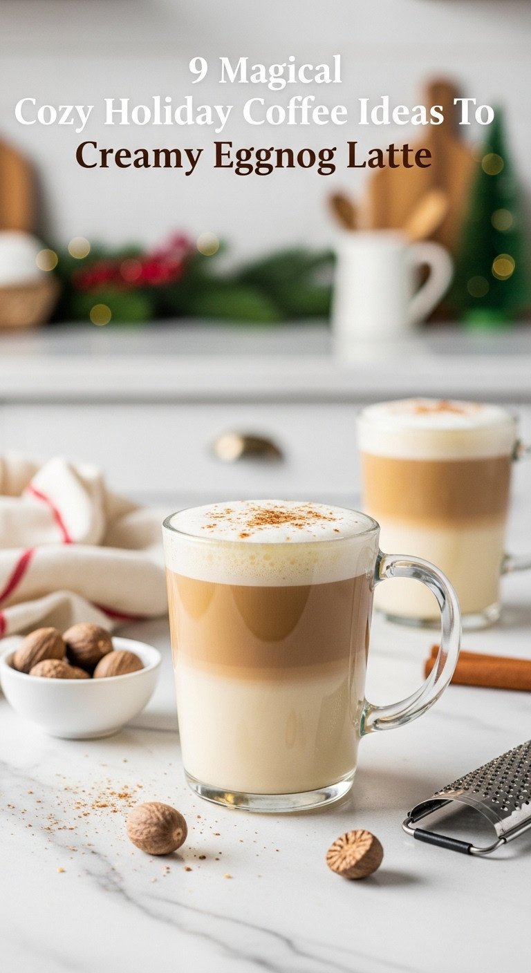 Magical cozy holiday coffee with a creamy Eggnog Latte topped with frothed milk and fresh nutmeg in a clear glass mug