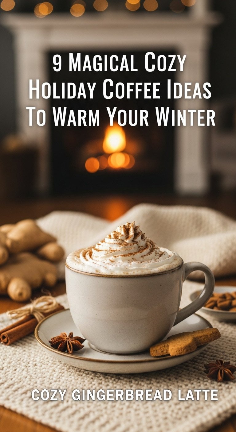 Magical cozy holiday coffee with a gingerbread latte topped with whipped cream cinnamon and a gingerbread cookie on a knitted runner