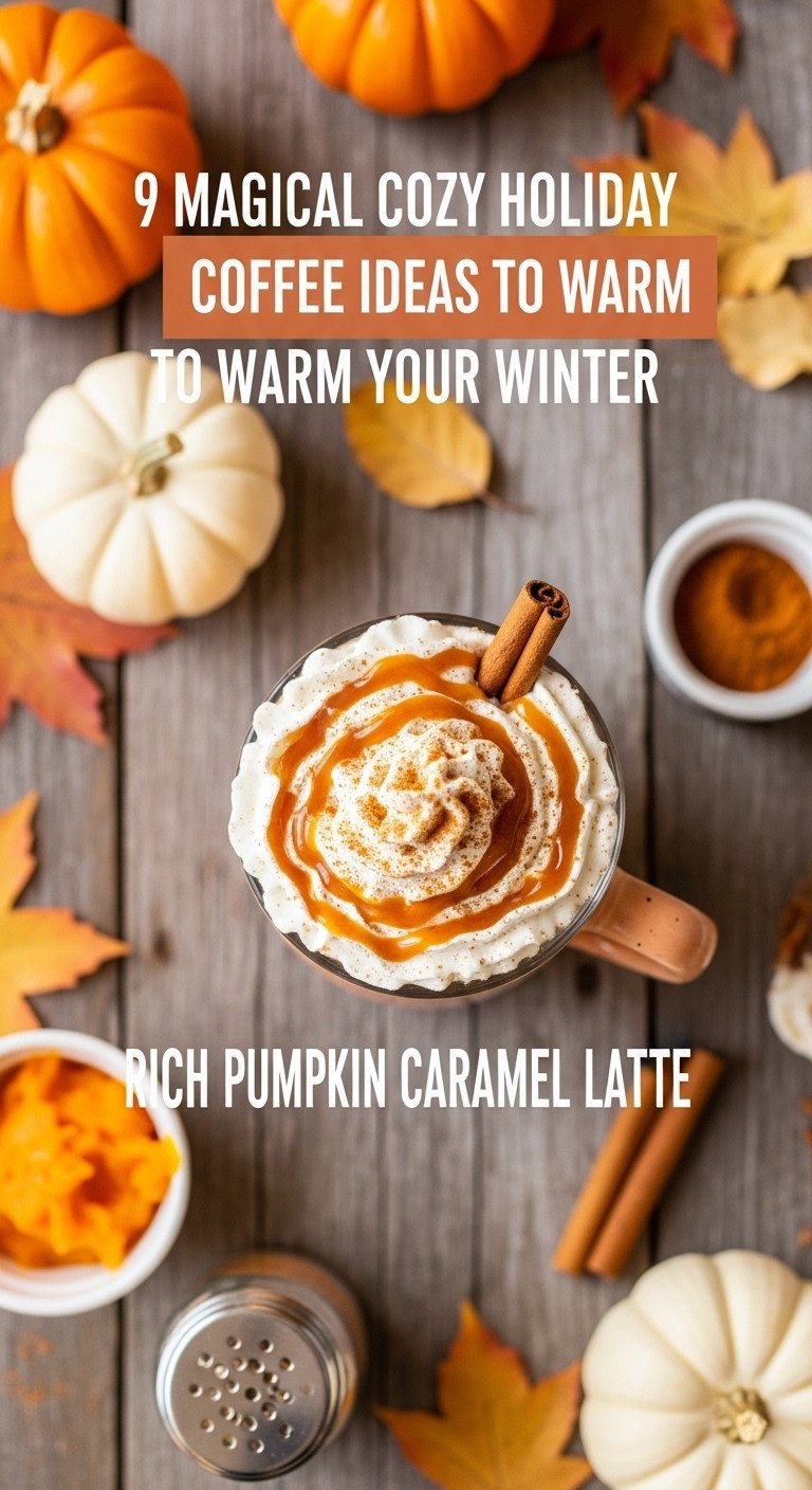 Magical cozy holiday coffee with a rich Pumpkin Caramel Latte topped with whipped cream caramel drizzle and pumpkin pie spice