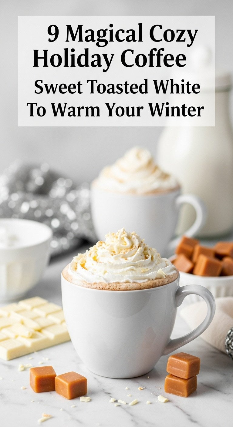 Magical cozy holiday coffee with a sweet Toasted White Mocha topped with whipped cream and white chocolate shavings in an elegant mug