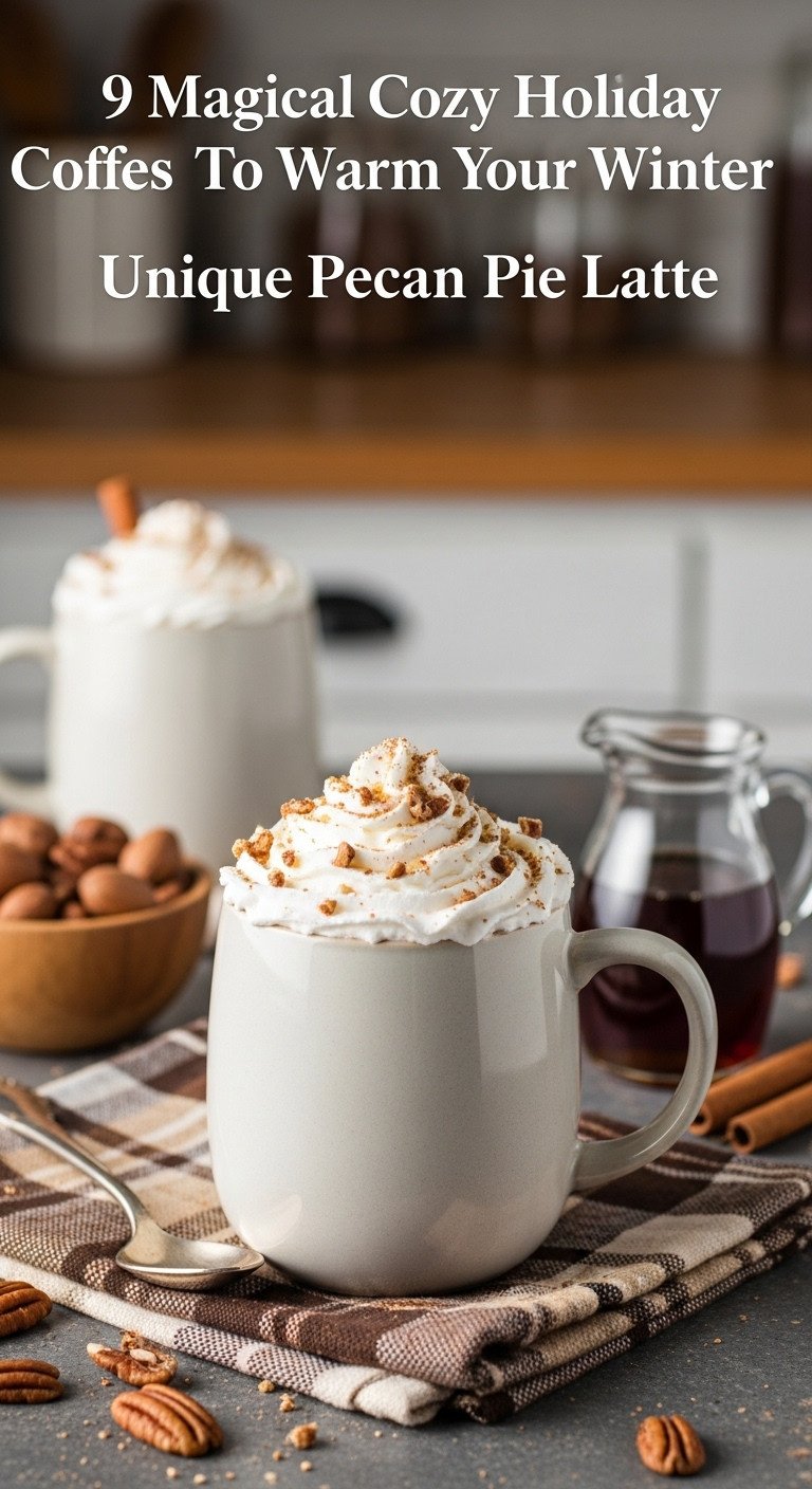 Magical cozy holiday coffee with a unique Pecan Pie Latte topped with whipped cream and crushed pecans on a plaid flannel cloth