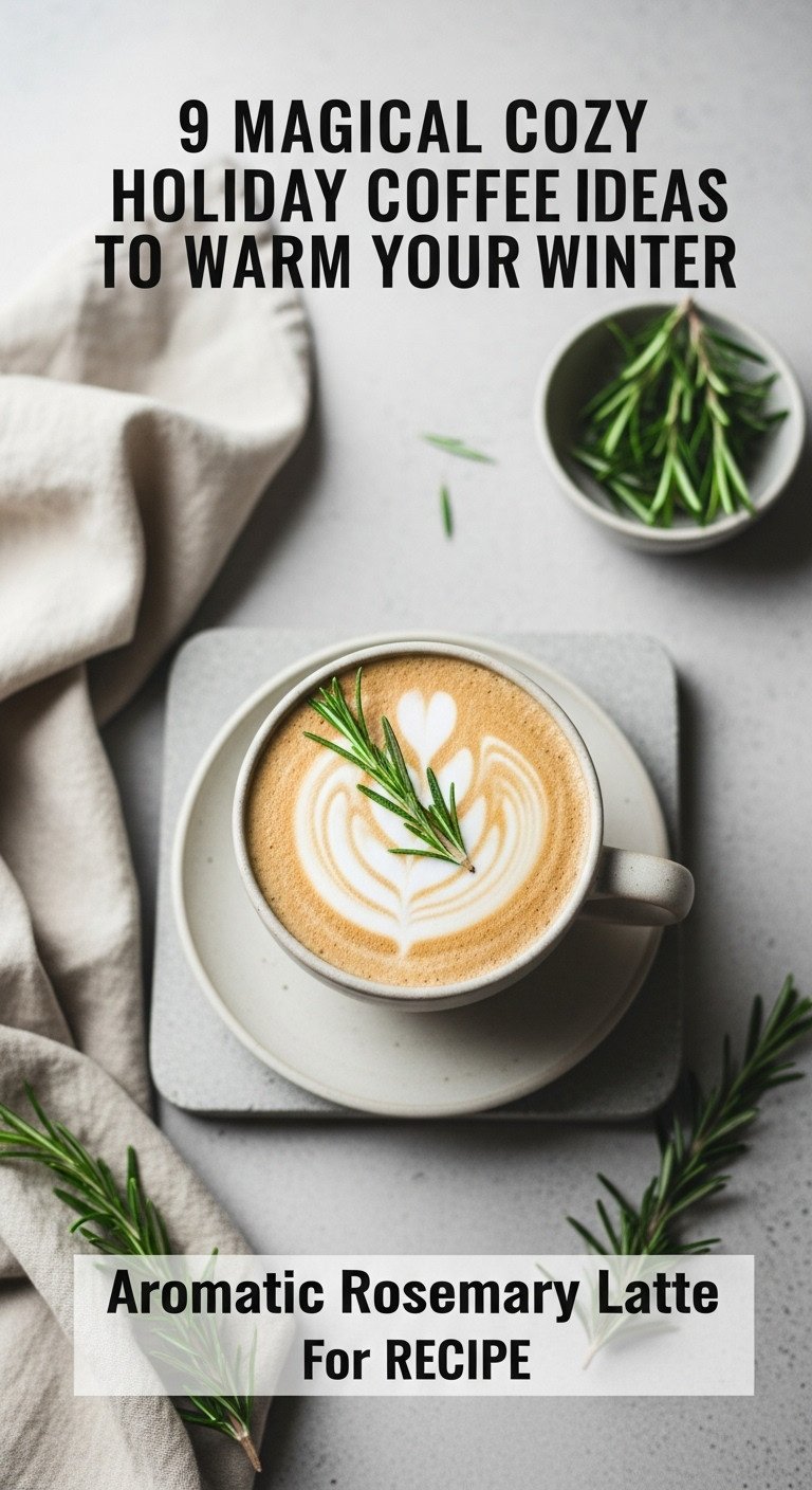 Magical cozy holiday coffee with an aromatic Rosemary Latte garnished with a fresh rosemary sprig in a minimalist ceramic cup