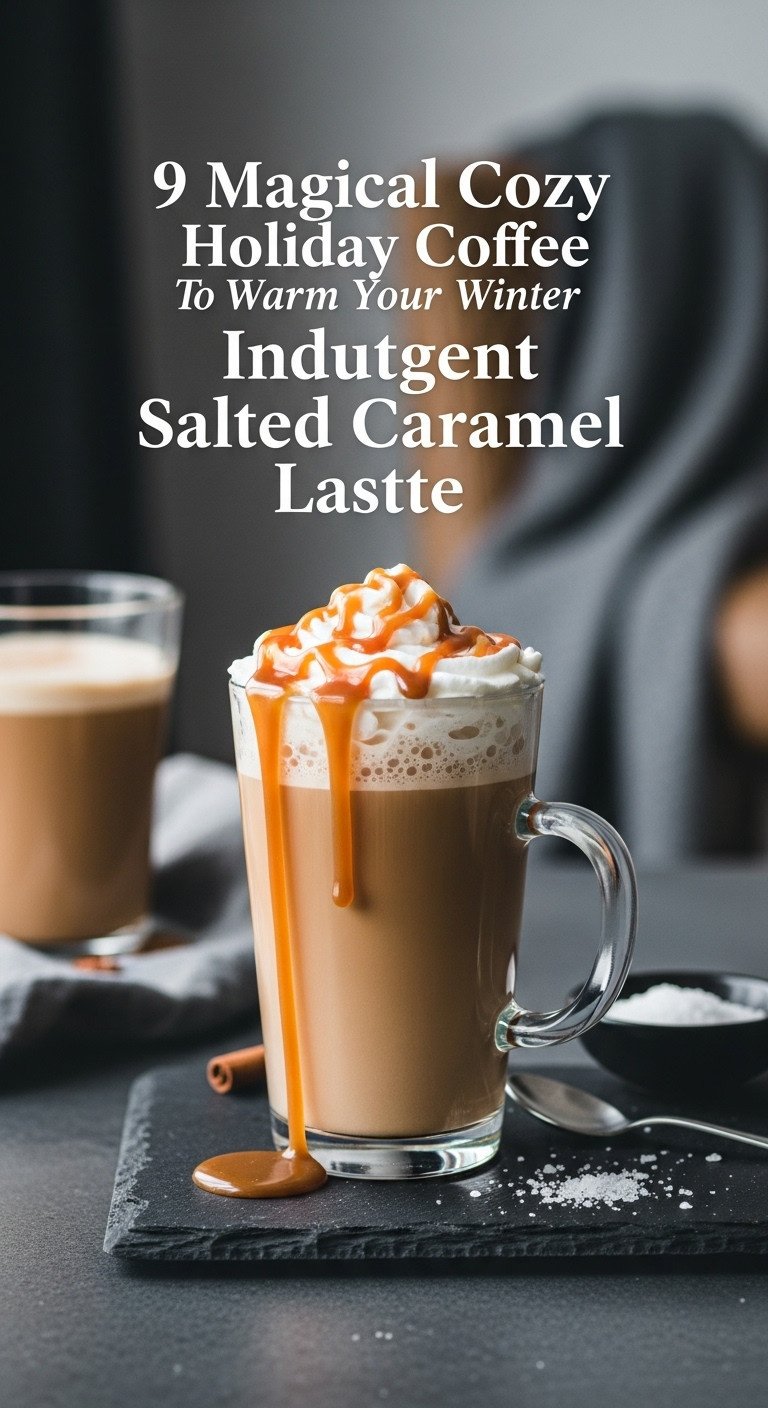 Magical cozy holiday coffee with an indulgent Salted Caramel Latte topped with whipped cream and caramel drizzle in a tall glass