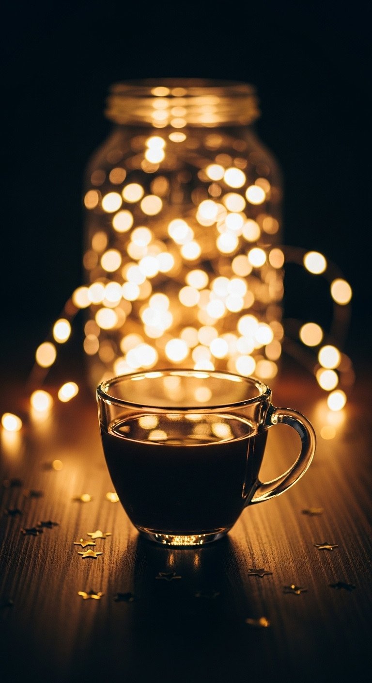 Magical starry night coffee scene with a clear glass mug on a dark table, illuminated by warm, glowing fairy lights.