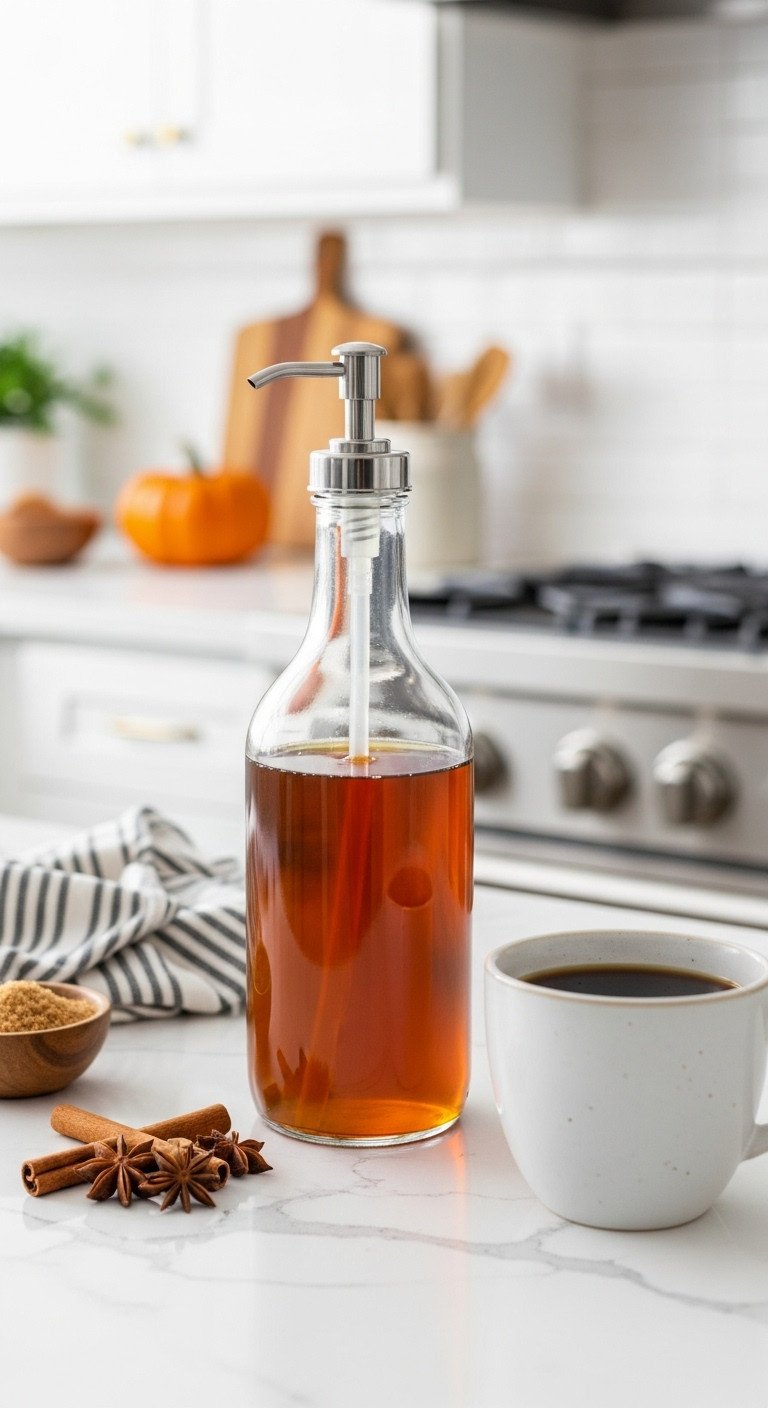 5 Best Homemade Pumpkin Spice Coffee Recipes to Try Now 7 Make Ahead DIY Pumpkin Spice Syrup in a clear glass bottle with pump dispenser next to coffee whole spices and brown sugar on white quartz countertop