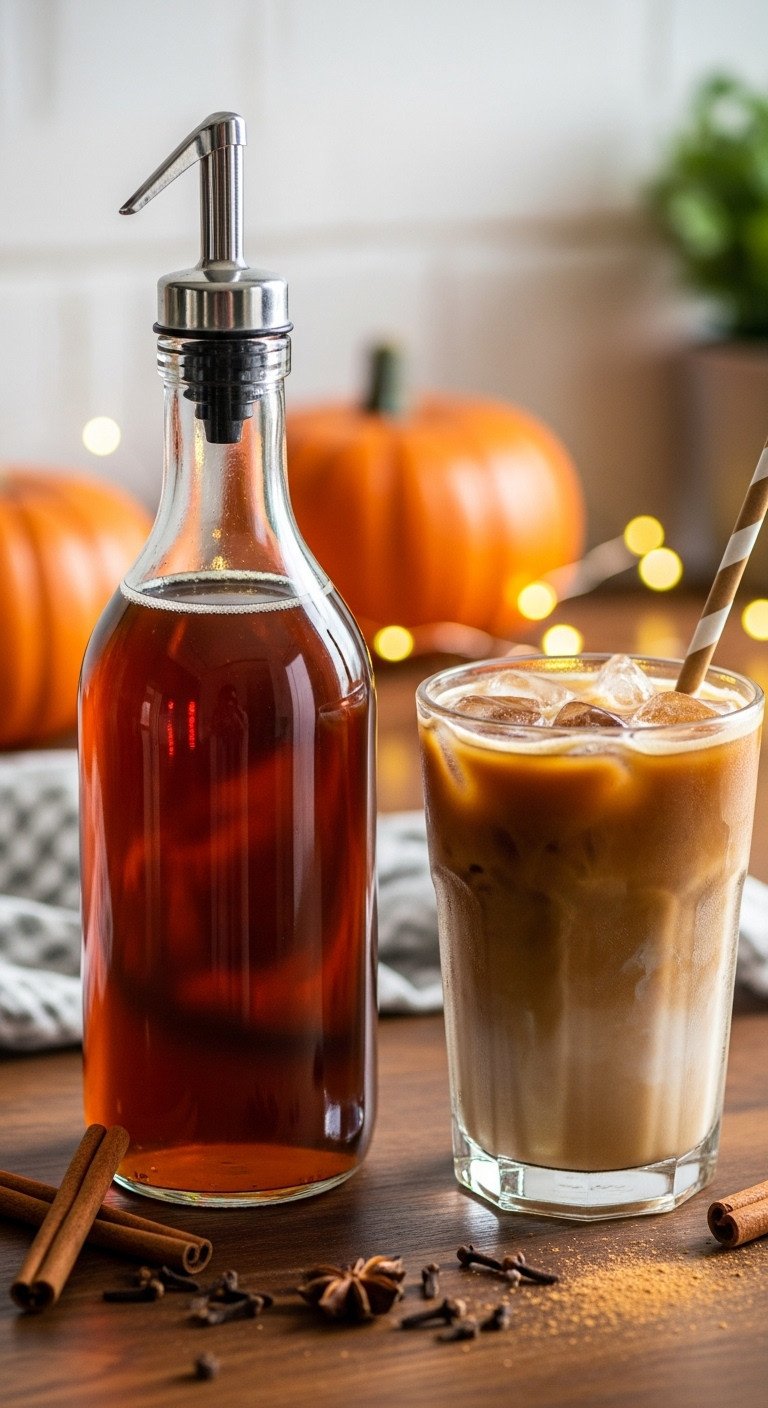 7 Easy Iced Coffee Recipe Pumpkin Spice Copycats to Try Now 9 Make Ahead Pumpkin Spice Syrup in a glass dispenser bottle next to iced coffee with cinnamon sticks and cloves on a dark wooden counter