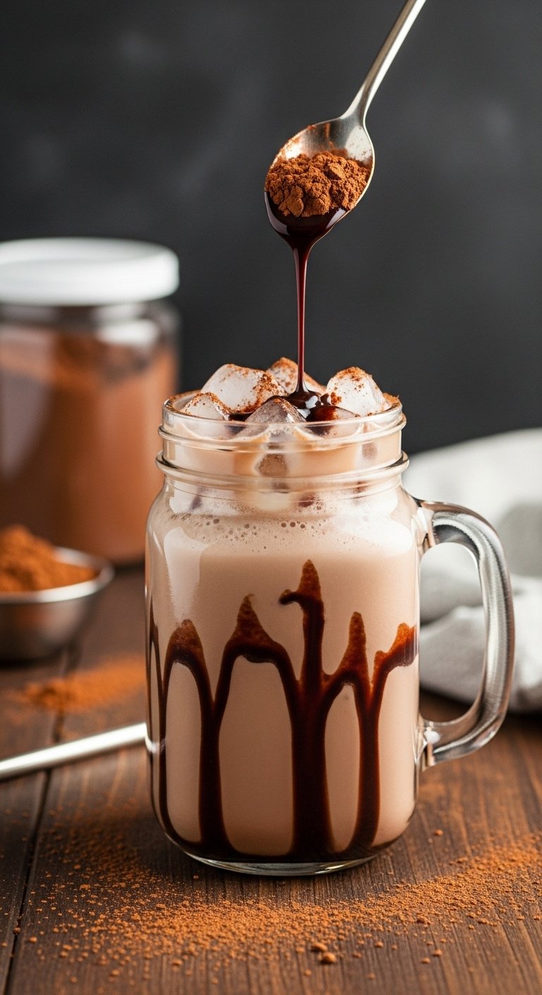 9 Delicious Healthy Iced Coffee Recipes To Make At Home 9 Mason jar with instant iced mocha, chocolate drizzle, metal straw, cocoa powder on dark wood. Quick, decadent coffee recipe.