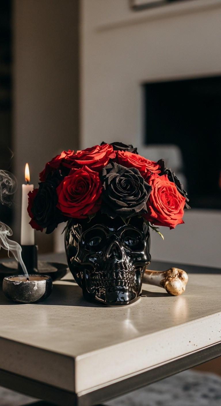 Matte black ceramic skull vase with deep red and black roses on a concrete coffee table for Halloween decor