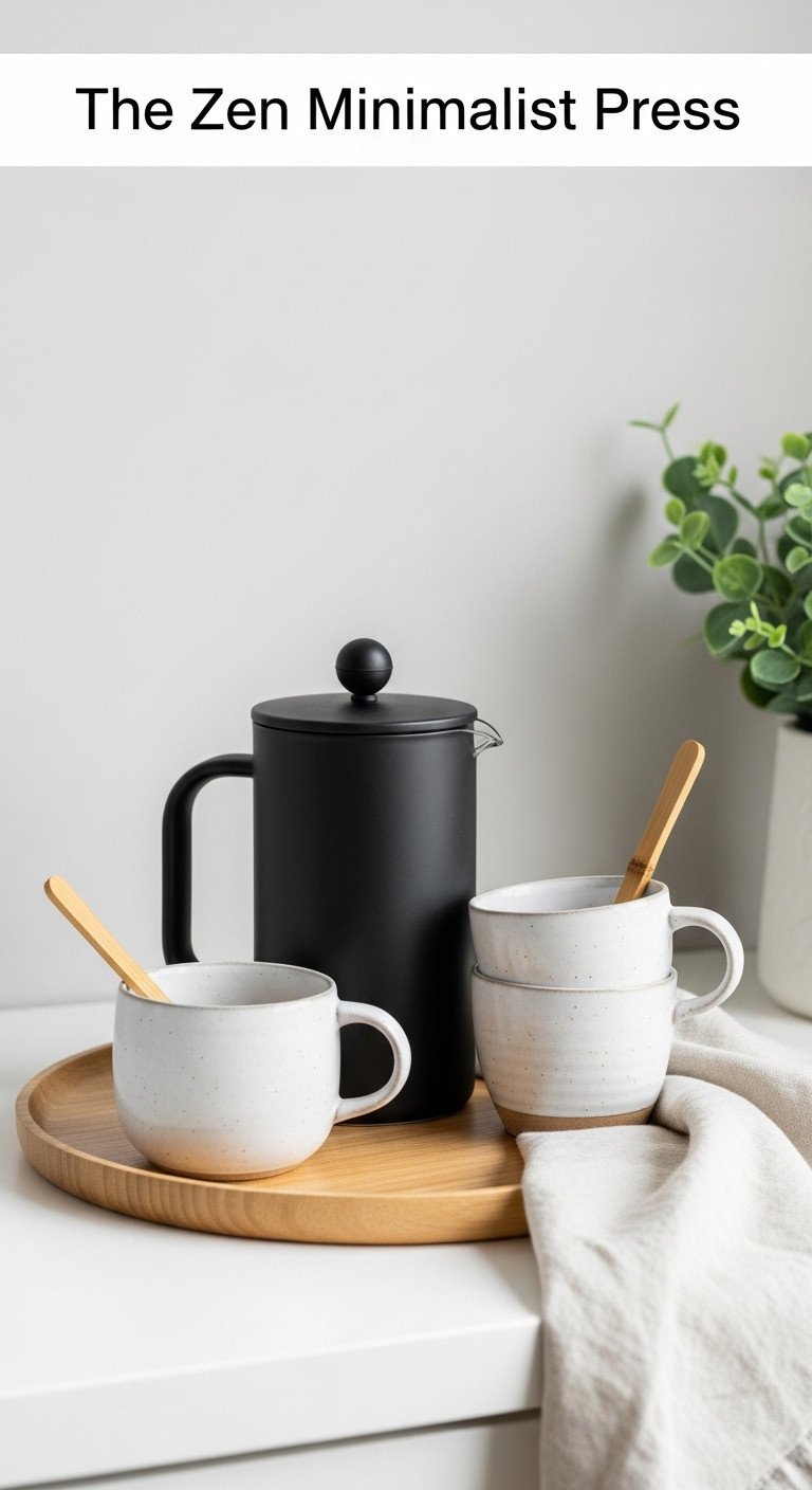 Matte white ceramic French press two handle less ceramic mugs and bamboo stirring paddle on a minimalist wooden tray