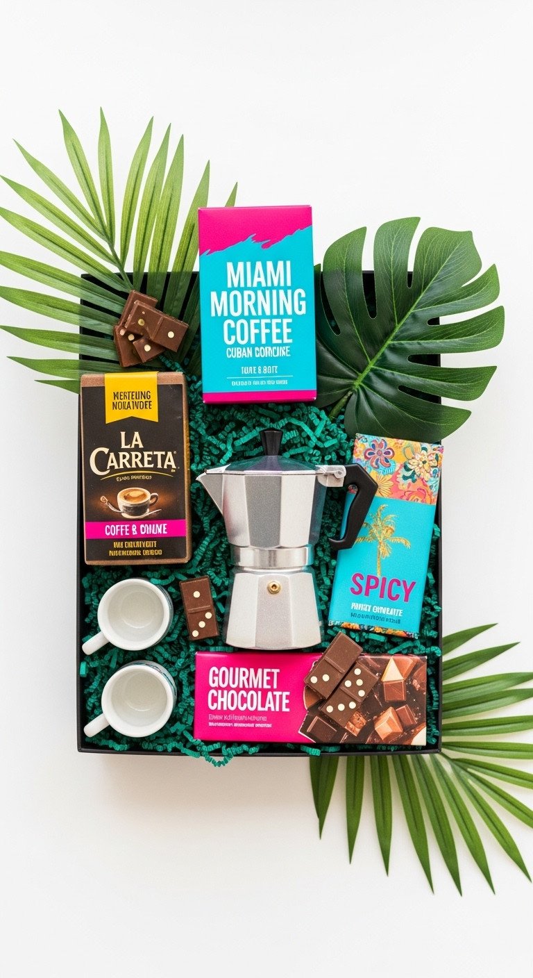 Miami morning Cuban coffee and chocolate gift basket with La Carreta Moka pot espresso cups and chocolate dominoes
