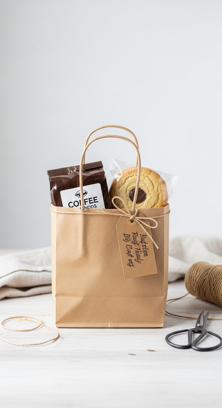 Mini Coffee Gift Basket The Budget Friendly DIY Kraft Bag with coffee grounds homemade cookie and gift tag